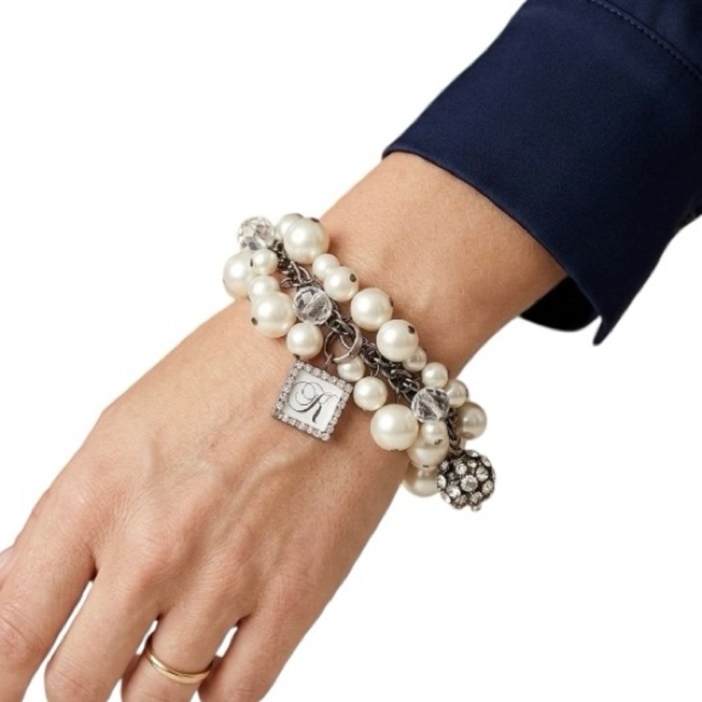 Boutique Faux Pearl Chunky Charm Bracelet Bling Rhinestone White Silver